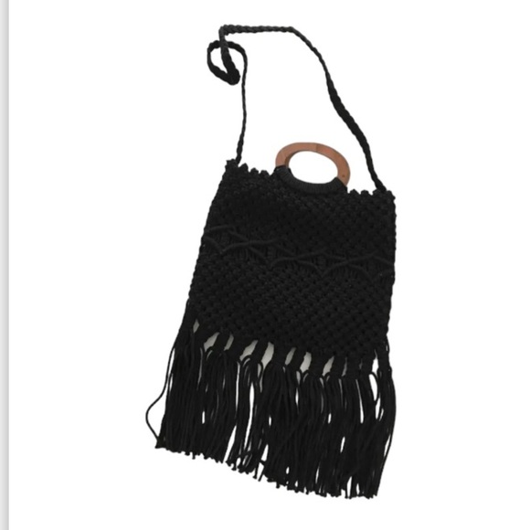 Danielle Nicole Black Macrame with Wooden Handle Handbag - Picture 3 of 8